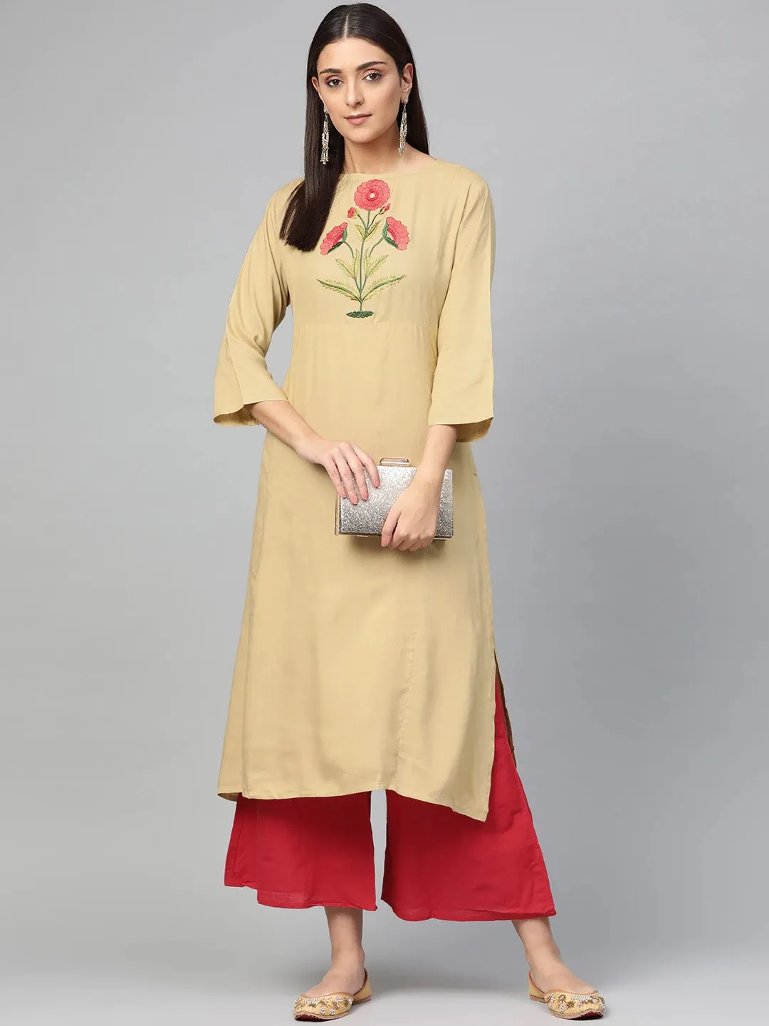 Women'S Beige & Red Yoke Design Kurta With Palazzos
