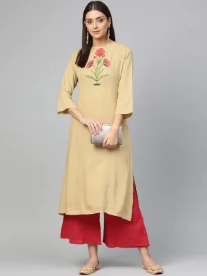 Women'S Beige & Red Yoke Design Kurta With Palazzos