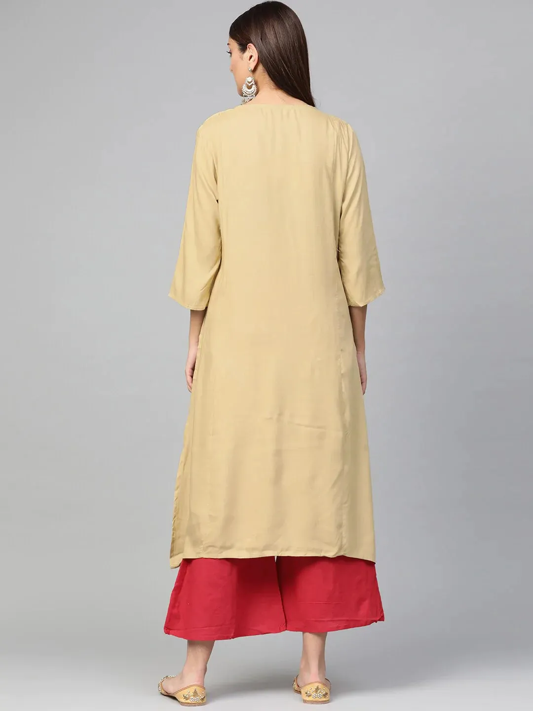 Women'S Beige & Red Yoke Design Kurta With Palazzos