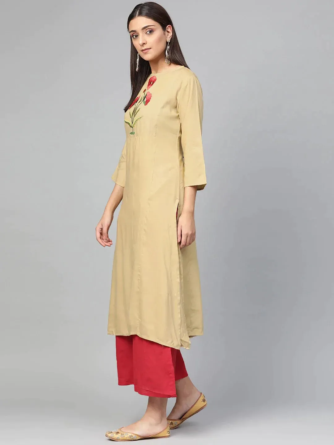 Women'S Beige & Red Yoke Design Kurta With Palazzos
