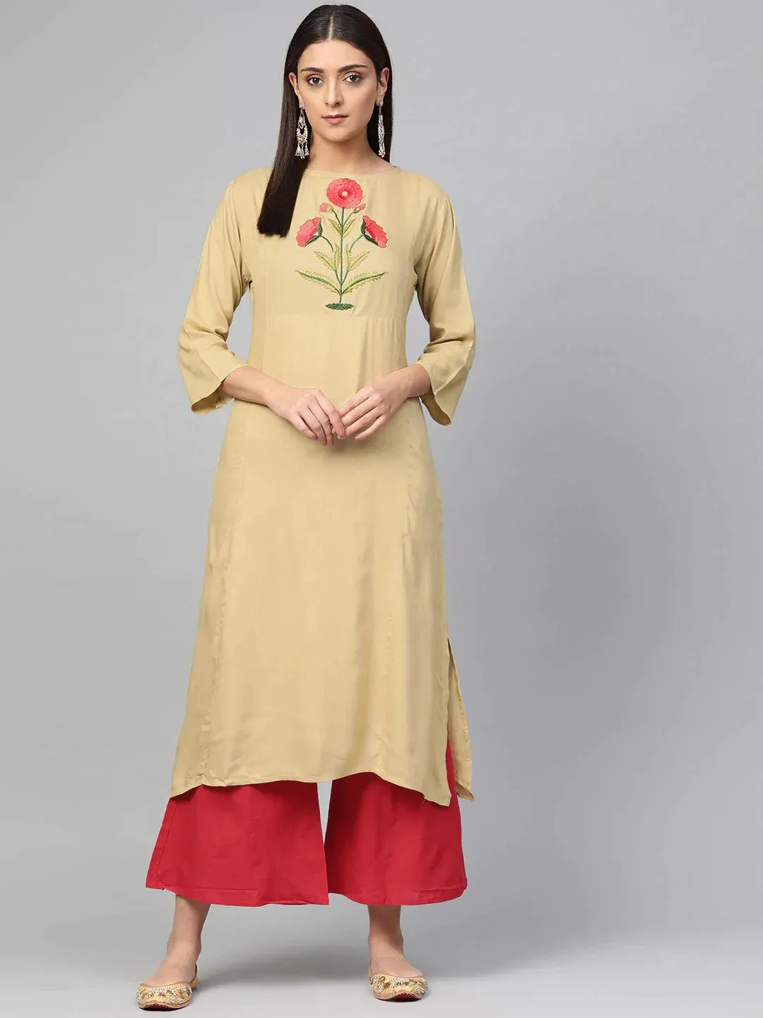 Women'S Beige & Red Yoke Design Kurta With Palazzos