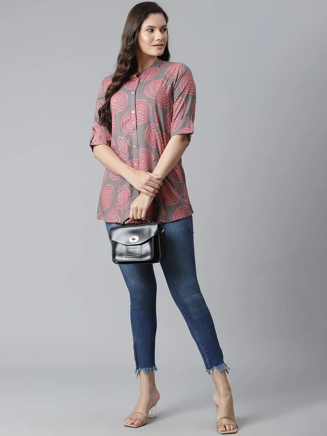 Women'S Grey Spiral Rayon Print Top