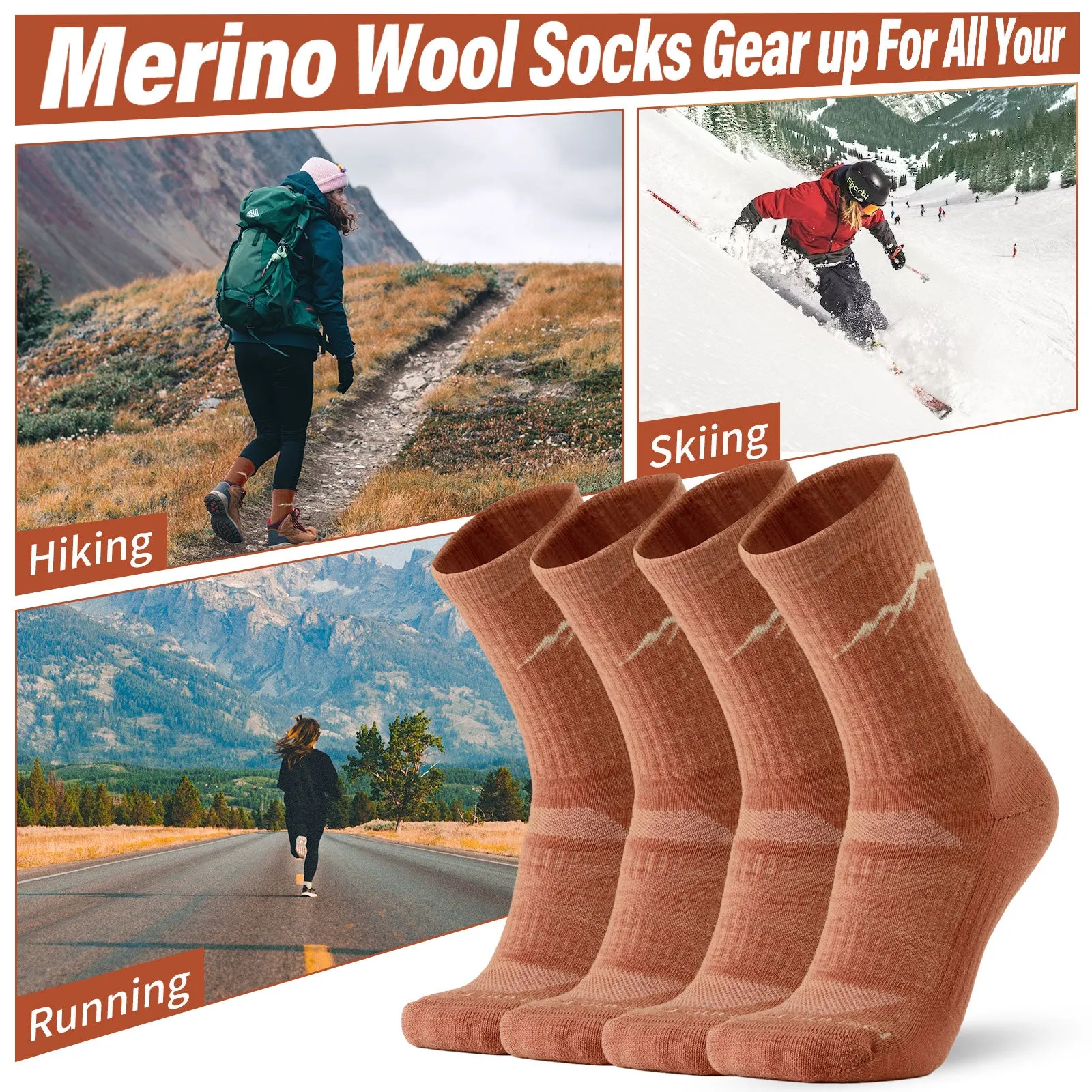 Women's Merino Hike Crew Socks Orange - 4 Pairs