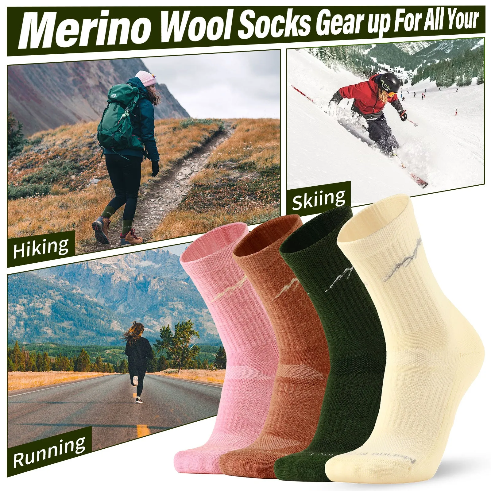 Women's Merino Hike Crew Socks Pink/Orange/beige/Lime - 4 Pairs