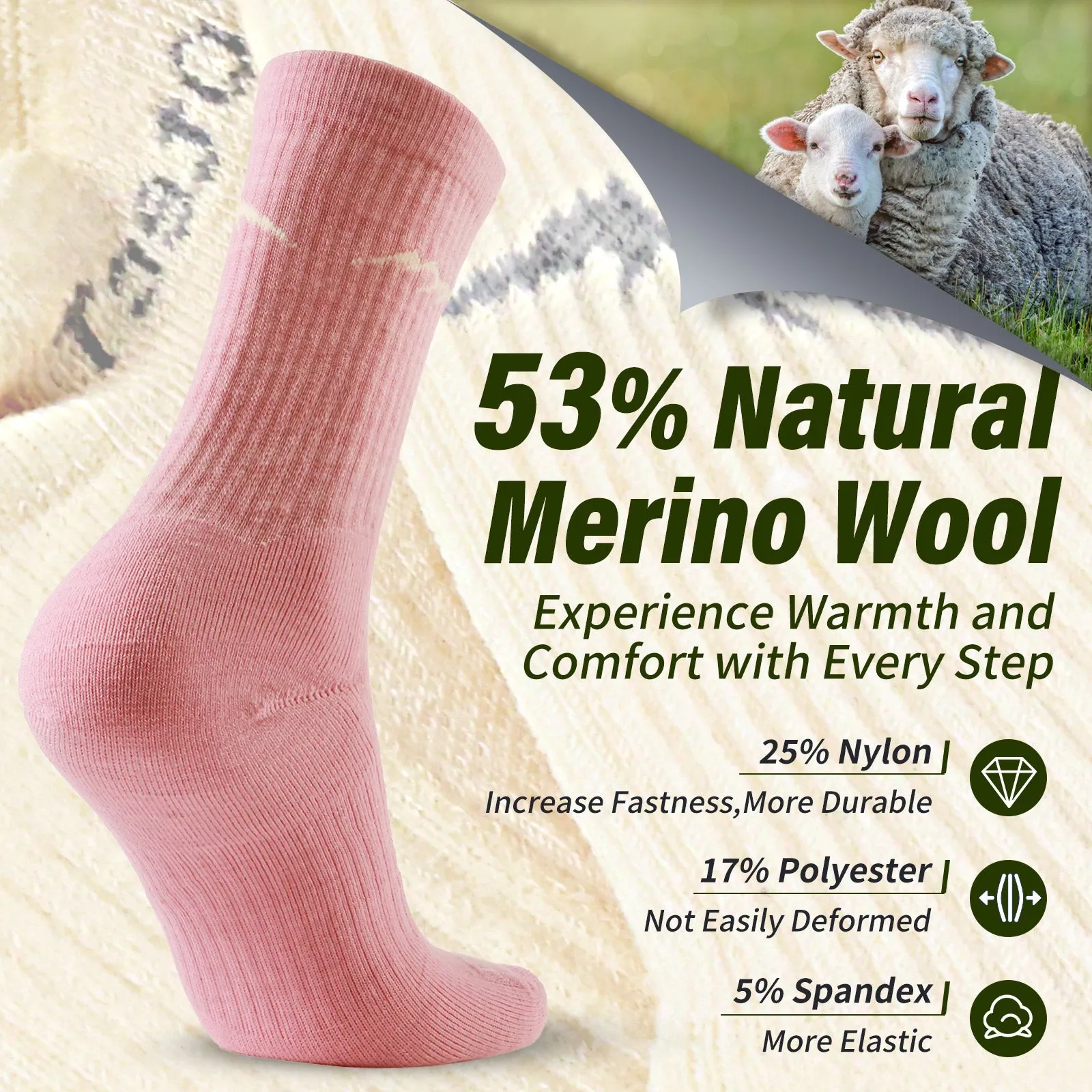 Women's Merino Hike Crew Socks Pink/Orange/beige/Lime - 4 Pairs